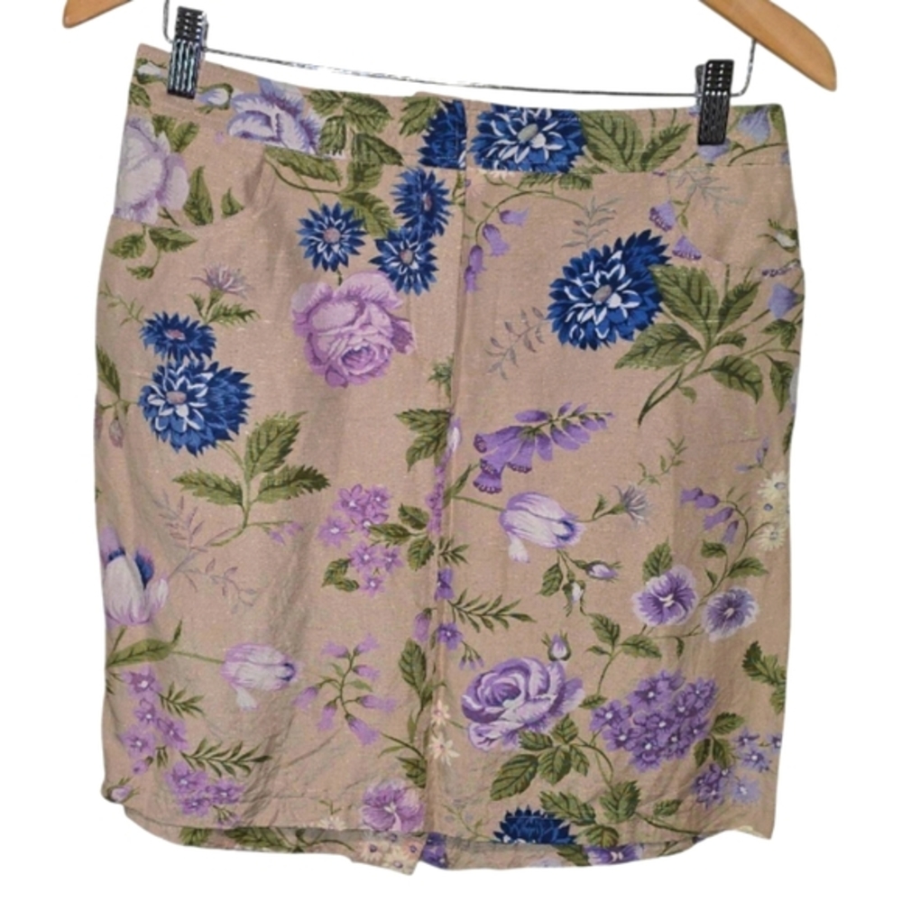 August Silk Logic Women 6 Tan Purple Blue Floral Linen Silk Blend Mini Skirt